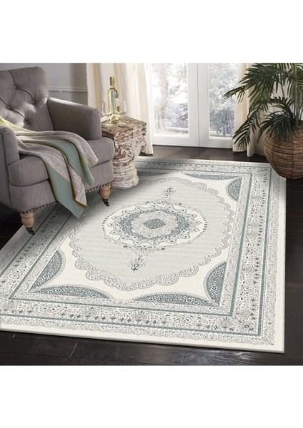 Nakiş Desenli Mint Kadife Lastikli Halı Örtüsü HOARM-892