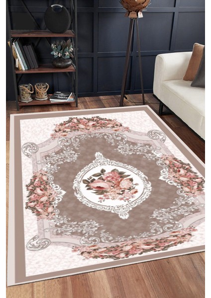 Kahverengi Çiçekli Desen Lastikli Halı Örtüsü (Süngersiz) SZZ-741