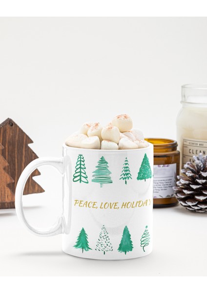 Peace, Love,holiday Cheer Yazılı Çam Ağacı Baskılı Yeni Yıl Hediyelik Yılbaşı Kupa Bardak