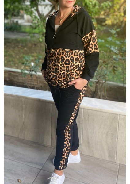 Büyük Beden Siyah Leopar Desenli Eşortman Takım