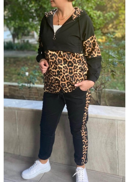 Büyük Beden Siyah Leopar Desenli Eşortman Takım