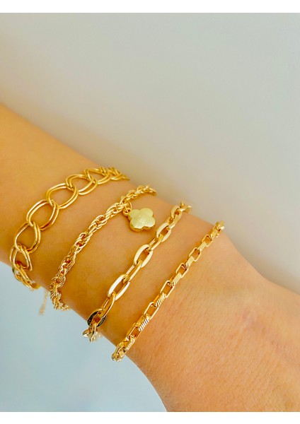 4 Lü Bileklik Takımı 4 Adet Kombin Altın Kaplama Bileklik Seti Bilezik Künye Takımı