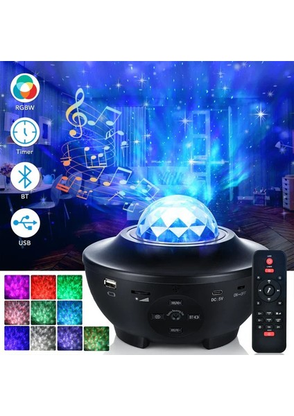 Starry Projektör Yıldız Gece Lambası Disko Topu Bluetooth USB Hoparlör Çocuk Odası Hediye