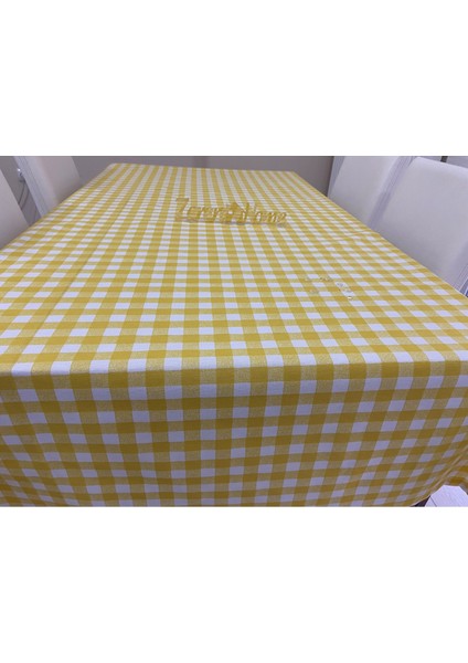 Sıvı Geçirmez Keten Dertsiz Masa Örtüsü Kareli Sarı Beyaz + 12 Peçete modelleri