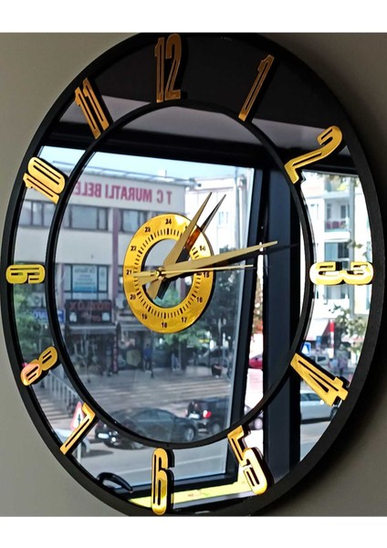 Gerçek Aynalı Duvar Saati 50 cm Style Modern Salon Füme Gold