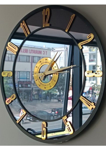 Gerçek Ayna Duvar Saati 40 cm Trend Modern Salon Füme Gold