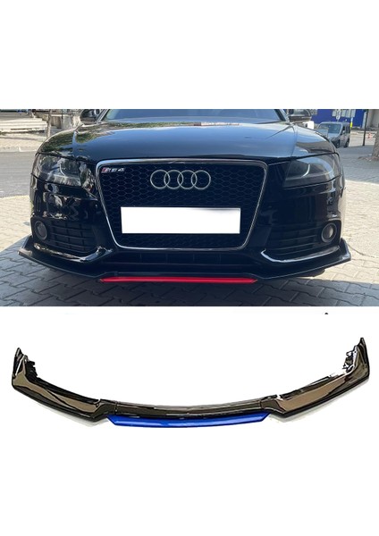 Audi A4 B8 Mavi Renkli Şeritli Dilli Ön Lip 4 Prç Parlak Siyah Abs