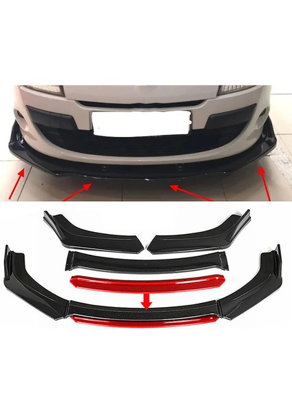Renault Megane Mk3 Kırmızı Renkli Şeritli Dilli Ön Lip 4 Prç Parlak Siyah Abs 2009 - 2016