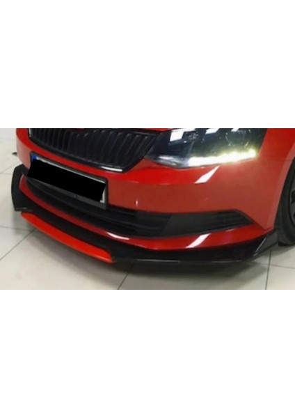 Skoda Fabia Kırmızı Renkli Şeritli Dilli Ön Lip 4 Prç Parlak Siyah Abs