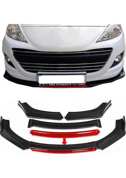 Peugeot 307 Kırmızı Renkli Şeritli Dilli Ön Lip 4 Prç Parlak Siyah Abs