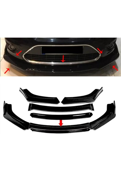 Ford Focus Mk2 Siyah Renkli Şeritli Dilli Ön Lip 4 Prç Parlak Siyah Abs 2004 - 2010