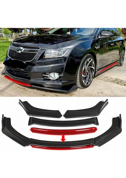 Chevrolet Cruze Kırmızı Renkli Şeritli Dilli Ön Lip 4 Prç Parlak Siyah Abs