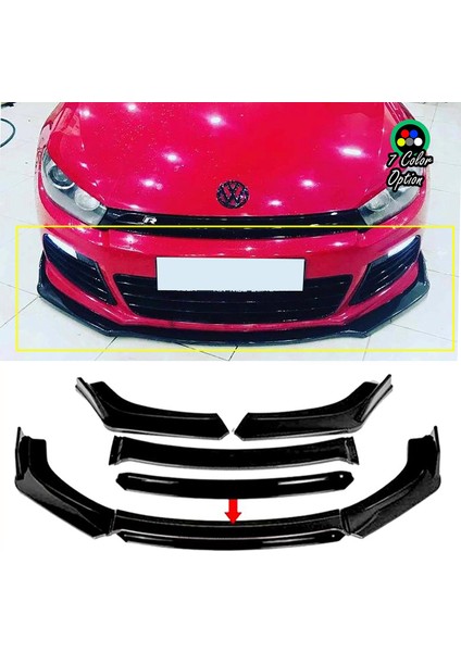 Vw Scirocco R Siyah Renkli Şeritli Dilli Ön Lip 4 Prç Parlak Siyah Abs