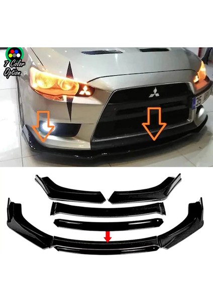 Mitsubishi Lancer Evo Siyah Renkli Şeritli Dilli Ön Lip 4 Prç Parlak Siyah Abs
