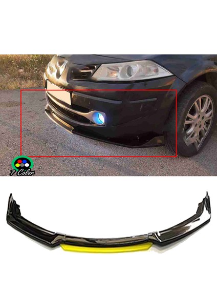 Renault Megane Mk2 Sarı Renkli Şeritli Dilli Ön Lip 4 Prç Parlak Siyah Abs 2002 - 2009