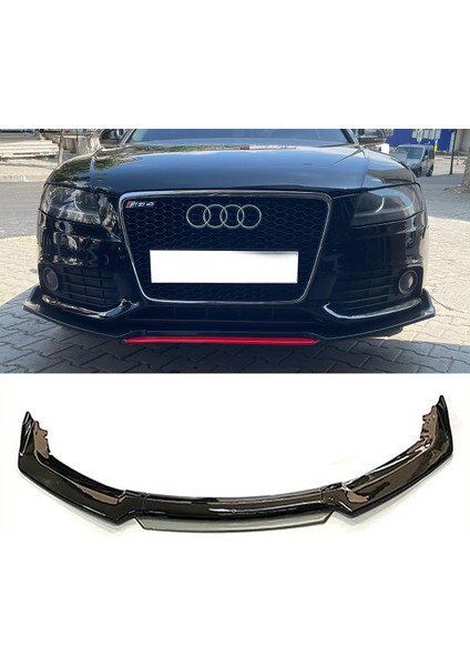 Audi A4 B8 Gri Renkli Şeritli Dilli Ön Lip 4 Prç Parlak Siyah Abs
