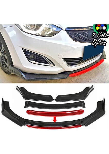 Hyundai Elantra Kırmızı Renkli Şeritli Dilli Ön Lip 4 Prç Parlak Siyah Abs