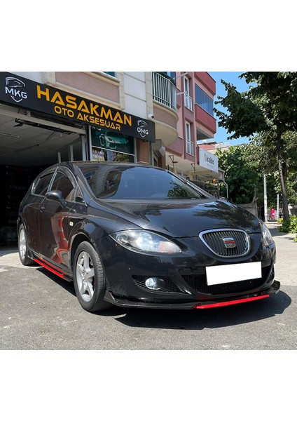 Seat Leon Mk2 Kırmızı Renkli Şeritli Dilli Ön Lip 4 Prç Parlak Siyah Abs