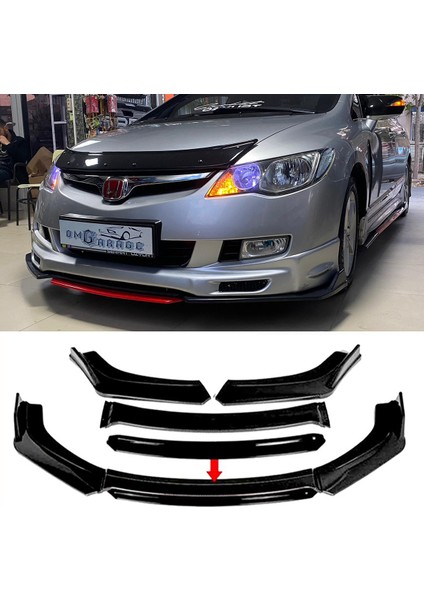 MKG Otomotiv Honda Civic Fd6 Siyah Renkli Şeritli Dilli Ön Lip 4 Prç Parlak Siyah Abs