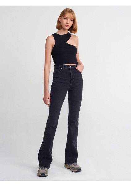 Siyah Likralı Flare Denim Pantolon-Siyah 71376