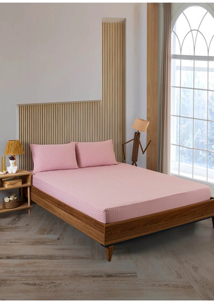 Çizgili Saten 160X200 30LASTIKLI Yatak Çarşafı ve 2 Adet Yastık Kılıfı 50X70 Çift Kişilik Set Pembe