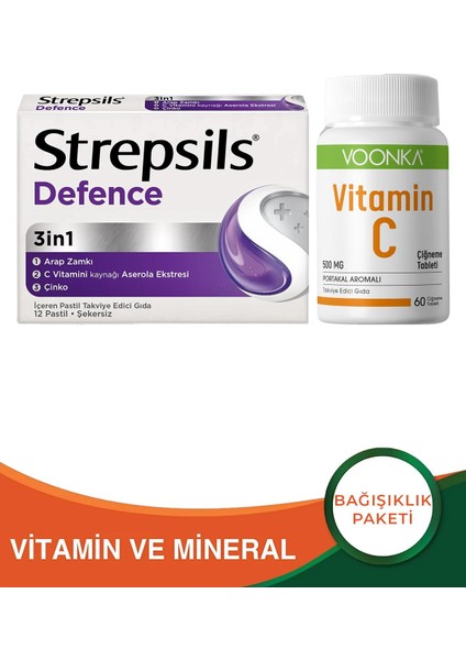 Defence 12 Pastil + Voonka Vitamin-C Portakal Aromalı Takviye Edici Gıda 60 Tablet fiyatları