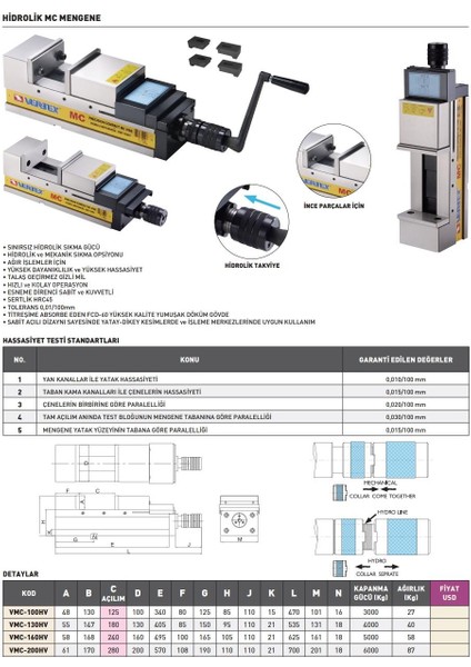 VMC-130HV Vertex Hidrolik Mc Mengene modelleri