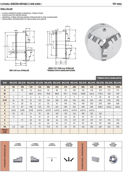 BIS.AYN.500 Bison DIN6350 3 Ayaklı Döküm Gövdeli Torna Aynası modelleri