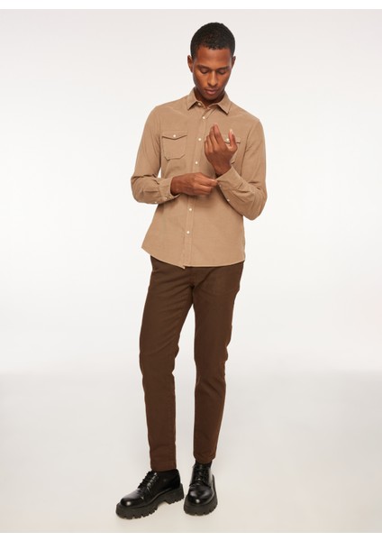 Slim Fit Gömlek Yaka Kahve Erkek Gömlek FM23W04CU modelleri