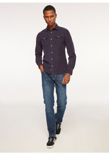 Slim Fit Gömlek Yaka Lacivert Erkek Gömlek FM23W04CU modelleri