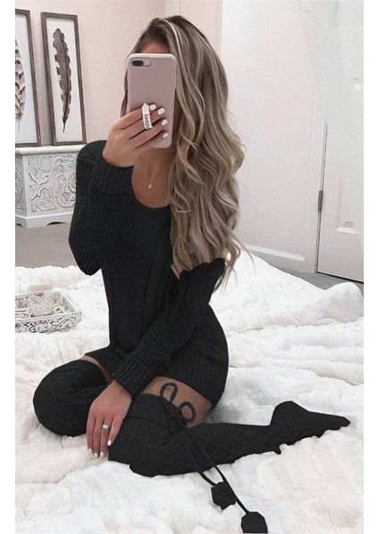 Kadın Uzun Kollu Bisiklet Yaka Triko Elbise Çorapsız fiyatları