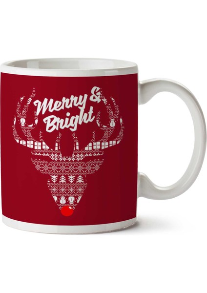 Reindeer Merry And Bright Christmas Knit Iki Tarafı Baskılı Kupa Bardak