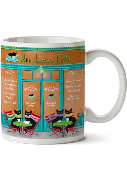 Nine Lives Cafe Cappuccino Espreesso Coffee Cafe Mocha Kedi Kediler Kafe Iki Tarafı Baskılı Kupa Bardak