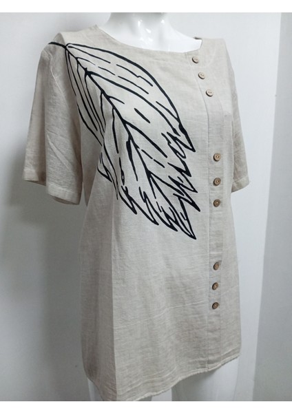 Büyük Beden Pamuk Keten Yıkamalı Otantik Yaprak Baskılı Ahşap Düğme Detaylı Kısa Kol Bluz fiyatları