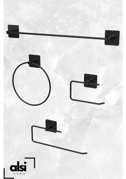 Alsi Home Yapışkanlı 4 Lü Siyah Uzun Havluluk Rulo Havluluk Wc Tuvalet Kağıtlık Yuvarlak Havluluk Set