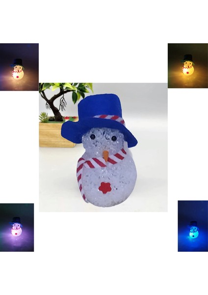 Mavi Şapkalı Renkli Işıklı Pilli El Yapımı Küçük Kardan Adam (10 cm x 5,3 Cm) 1 Adet