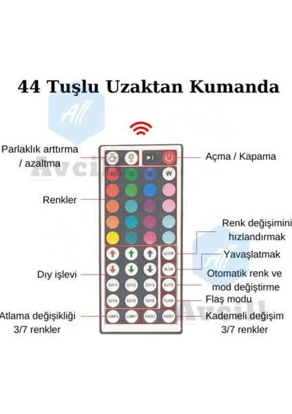 Şerit LED Rgb 44 Tuşlu Kumandalı 5050 Smd 5 Metre 3 Çip