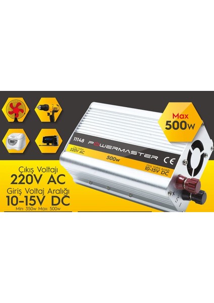 Powermaster PM-11148 12 Volt 500 Watt Modified Sınus Inverter 12V 220V Dönüştürücü Soğutucu Fanlı