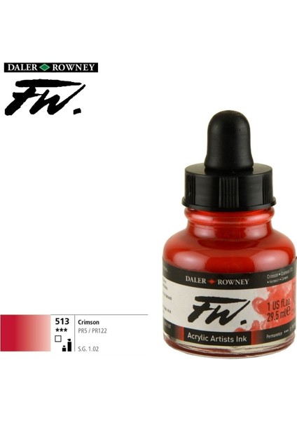 Daler Rowney Likit Akrilik Pistole Mürekkebi Fw Ink 29.5 ml 513 Crimson