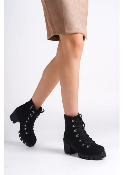 EMMA Bağcıklı Fermuarlı Ortopedik Taban Suya ve Soğuğa Dayanıklı Topuklu Süet Kadın Bot ST Siyah