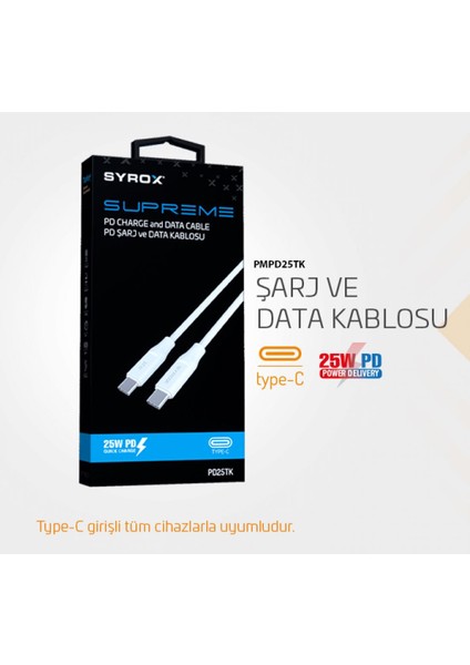 PD25TK Type-C To Type-C Pd 25W Hızlı Data/şarj Kablosu 1mt Beyaz (Her Iki Ucu Da Type- fiyatları