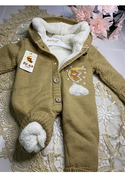 Ay Desenli Kışlık Kalın Triko Içi Yün Bebek Tulumu