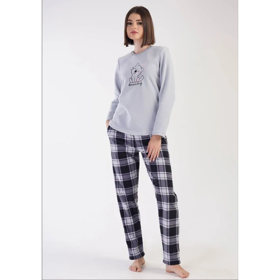 Vienetta Bayan Polar Gri Kedili Kareli - Uzun Kollu Pijama Takımı