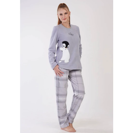 Vienetta Bayan Polar Penguenli Gri Altı Çizgili - Uzun Kollu Pijama Takımı