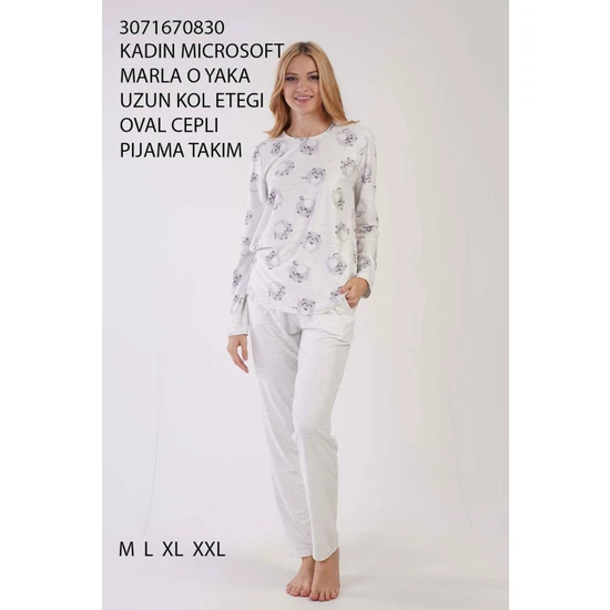 Vienetta Bayan Microsoft Polyester Kedili Beyaz - Uzun Kollu Pijama Takımı