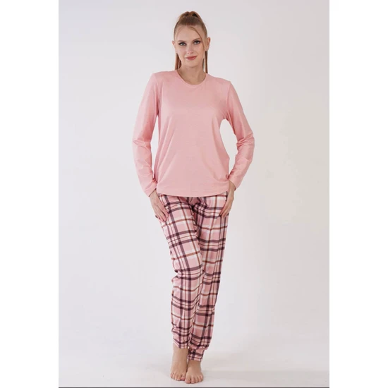 Vienetta Bayan Microsoft Polyester Pudra Kareli - Uzun Kollu Pijama Takımı