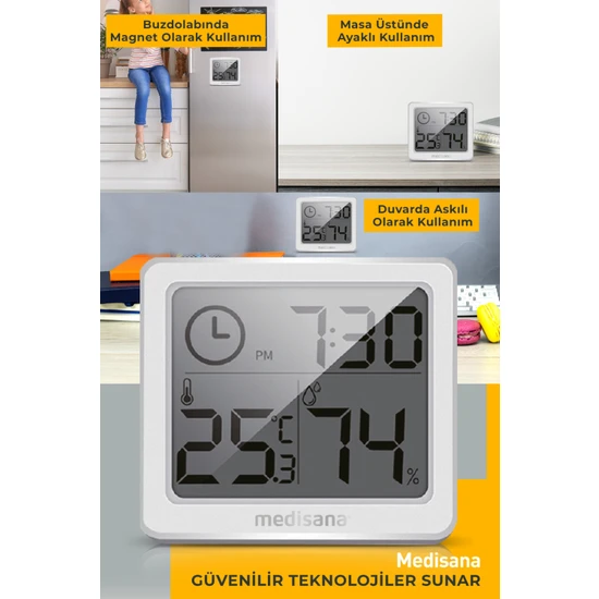 Medisana Alman Tasarım Dijital Ekranlı Saat Sıcaklık Isı Nem Ölçer Termometre