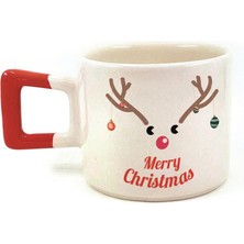 Mor Mürekkep Merry Christmas Geyik Baskılı Kırmızı Kulplu Kare Yılbaşı Kupası