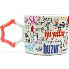 Mor Mürekkep Dilekler Baskılı Turuncu Kulplu Yıldız Yılbaşı Kupası