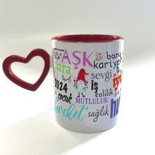 Mor Mürekkep Dilekler Baskılı Boş Kalp Kulplu Içi Kırmızı Yılbaşı Kupası